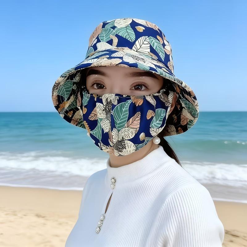 1-2PCS Women‘s Sun Hat with Face Mask Floral Leaf Pattern Wide Brim UV Protection for Outdoor Hiking Gardening Beach