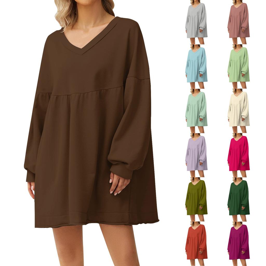 Women's Fashion Casual Large Solid Color Sweatshirt V-Neck Long Sleeve Loose Dress
