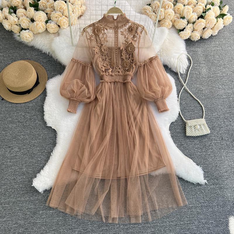 Three-Dimensional Floral Mesh Two-Piece Dress with Stand-Up Collar and Lantern Sleeves