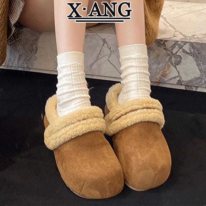 Cowhide version velvet warm cotton shoes, winter thick-soled non-slip lamb wool shoes, and cotton slippers with bags on the outside.