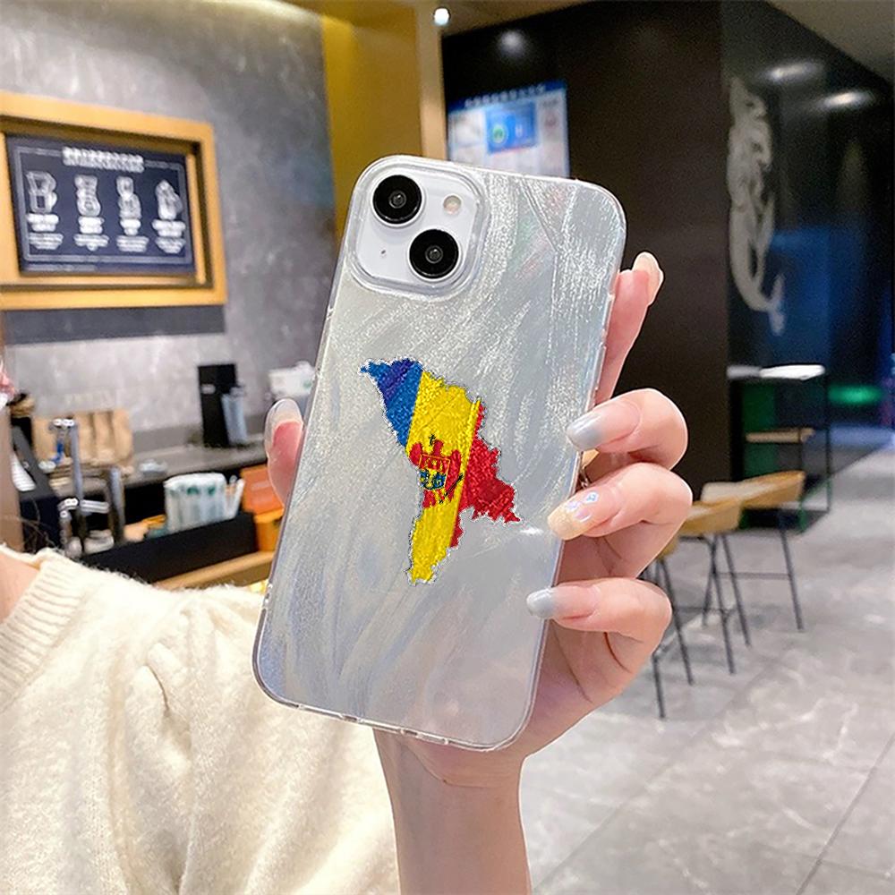 N91 Moldova Flag Art Clear Frame Case for Samsung S25 Ultra A55 iPhone 16 15 Pro Max Xiaomi Redmi Note 13 Feather Chiffon Texture Silver Plated Cover