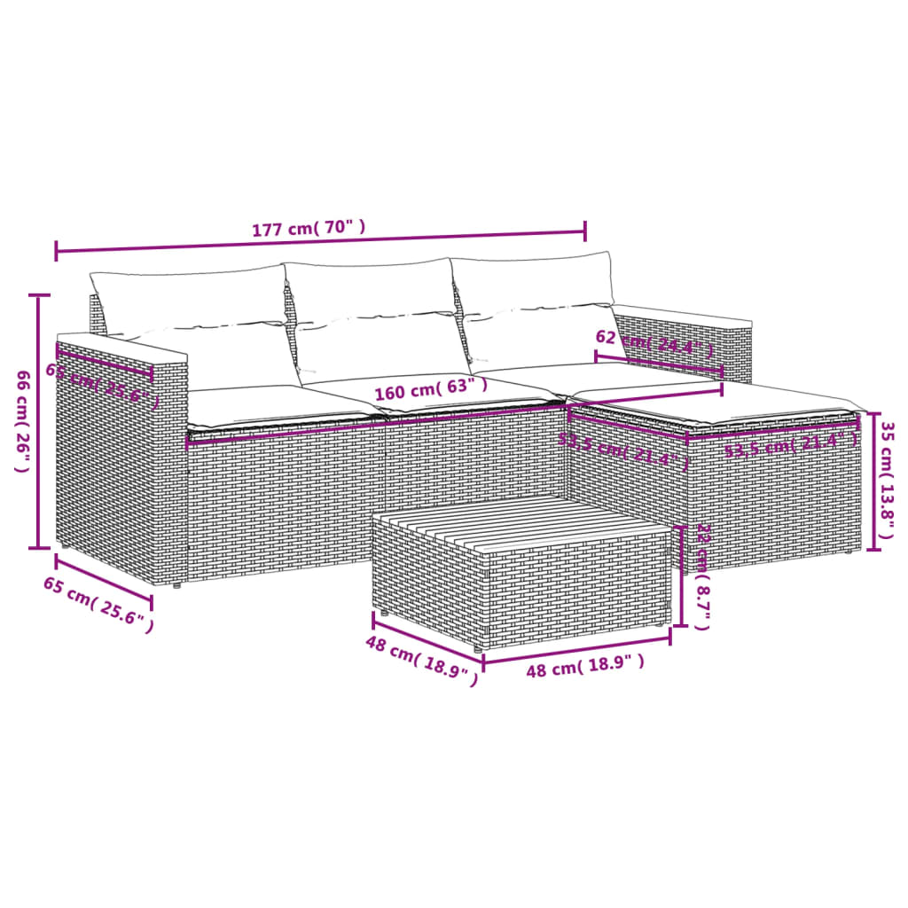 5 piece garden sofa set with cushions black poly rattan & acacia