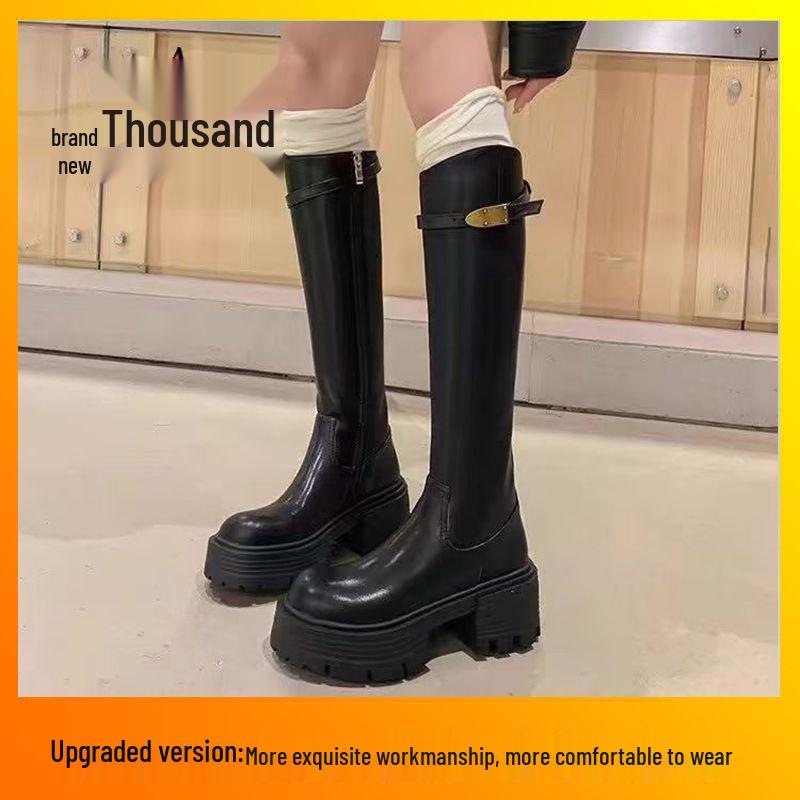 

Women s Knee-High Rider Boots with Slanted Chunky Heel and Metal Buckle - Autumn/Winter 2025 Collection Size 36