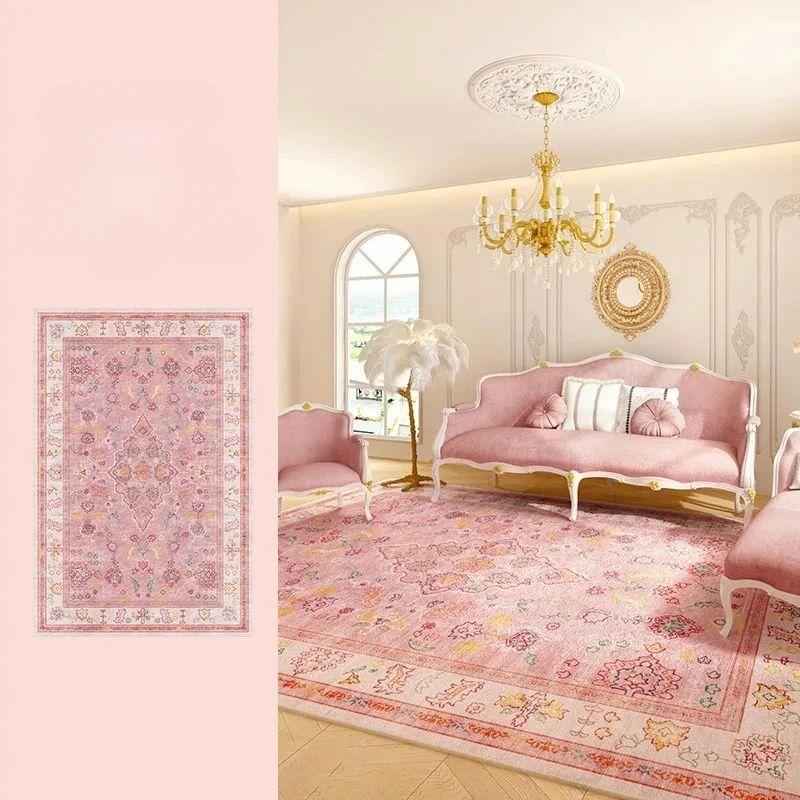 Retro Persian Living Room Carpet - Pink Luxury Waterproof Mattress Washable and Wipes - Clean Bedroom Floor Carpet