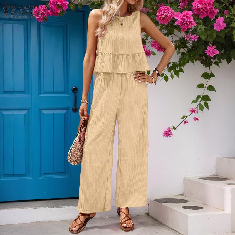 ZANZEA Damen Ärmellose Tanktops und Hosen Lässige Zweiteiler Anzugsets