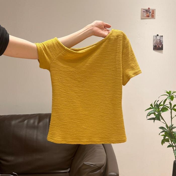 Slant shoulder top women s summer new one-word shoulder off-the-shoulder short-sleeved t-shirt design sense S