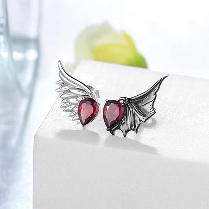 Gothic Punk Red Zircon Wing Earrings for Women Feather Angel Devil Ear Studs Unique Graduation Nightclub Look