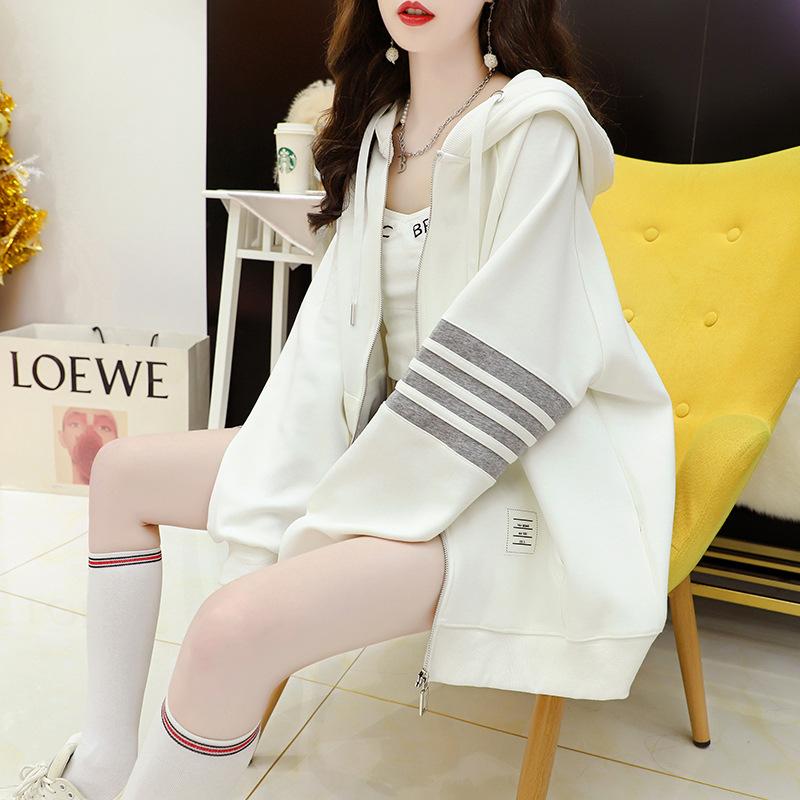 Women's Hooded Long Sleeve Sweatshirt Loose Fit Commuter Style Stripe Patchwork Zipper Hoodie Jacket 2026 Autumn Casual Outerwear Top
