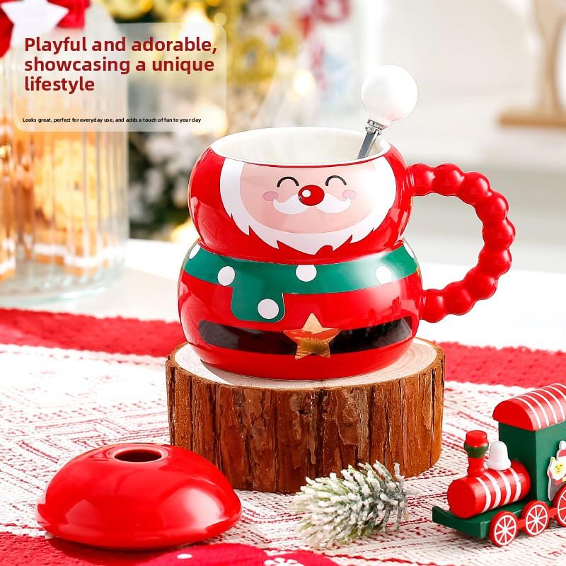 Cute Santa Claus Snowman Ceramic Coffee Cup Christmas Gift Couples Home Use Mug with Lid Spoon Couple Water Cup Home Decoration