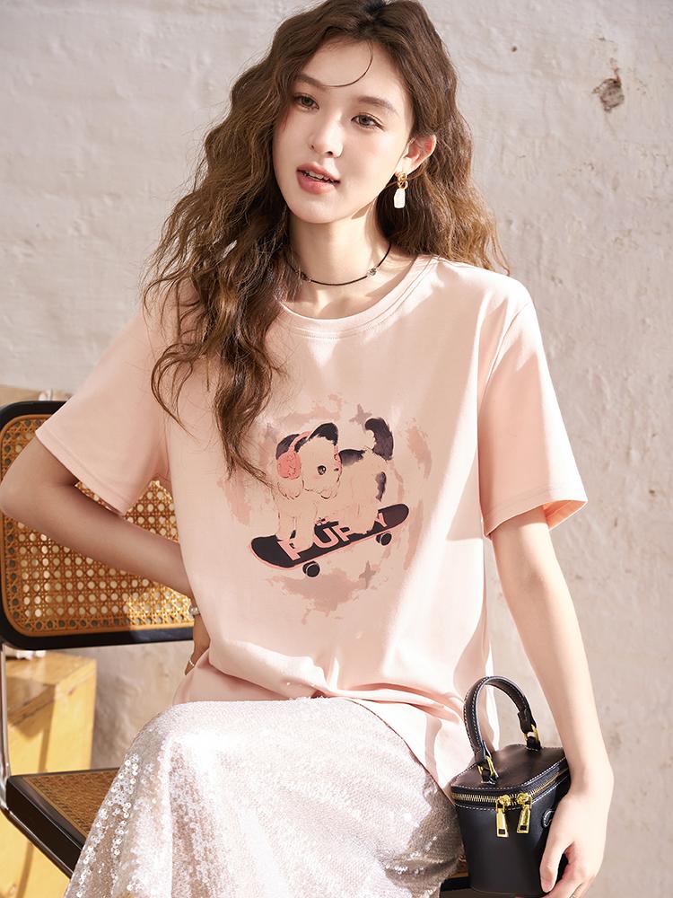 Mishow T-shirt for Women 2024 New Vintage Cotton Printing Niche Design Casual O-neck Elegant Pullover Tops MXD11T0165