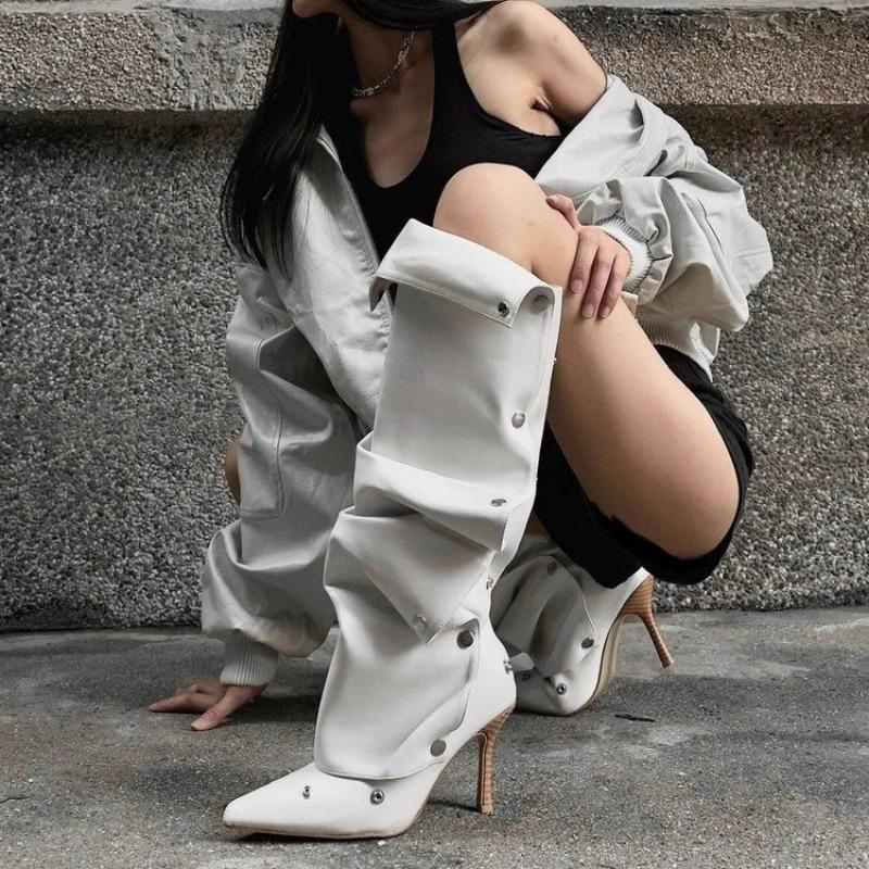 Fashion Black Platform Shoes Long Boots Women's Style Metal Belt Long Boots