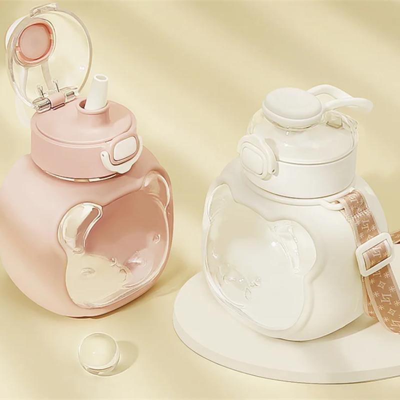 1 Liter Water Bottle for Girls Large-capacity Water Bottle Cloud Bear Summer Children's Straw Big Belly Cup Portable Drinkware