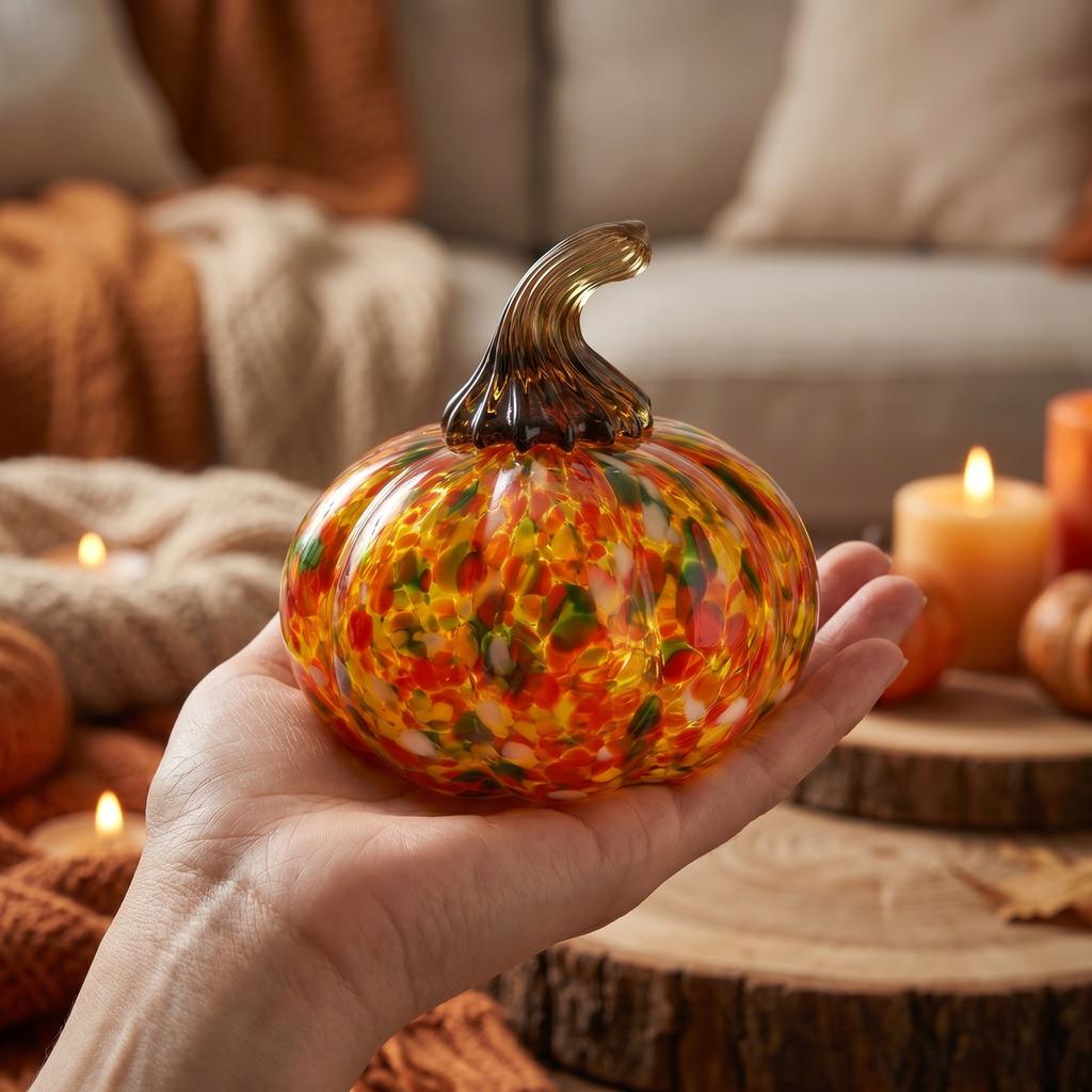 Ręcznie wykonana szklana figurka dyni Dekoracyjny ornament z wielokolorowym wzorem na Halloween Jesień Ozdoba stołu Wystrój domu