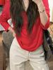 Women's Red Long Sleeve Polo Collar Casual T-Shirt by Nanyou