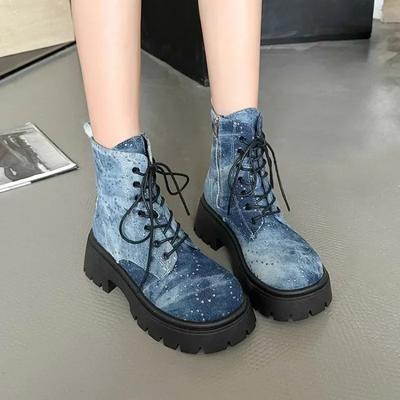 Fashion Platform Denim Ankle Boots Women Crystal Chunky Heels Short Boots Woman Thick Bottom Non Slip Motorcycle Booties Female