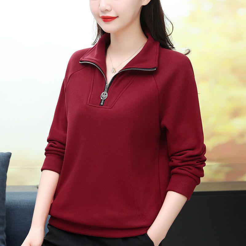 2025 Autumn/Winter Women's Plus Size Fleece-Lined Stand Collar Sweatshirt - Casual Loose Fit Red Jacket