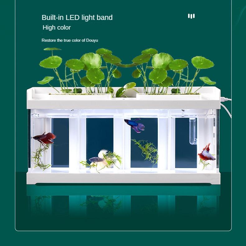 კრეატიული აკრილის მაგიდის ეკოლოგიური თევზის ავზი ფილტრით, არ საჭიროებს წყლის გაცვლას და სპეციალური საიზოლაციო ვედრო თევზის ავზი შუქით