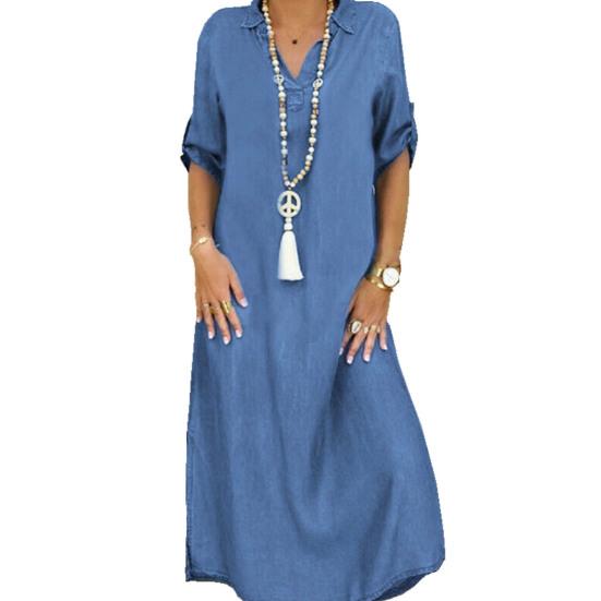 

Women Half Sleeve Side Slitting Hem V-neck Loose Long Denim Dress Streetwear for Daily Life 2XL светло-синий