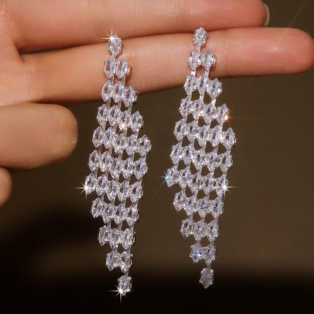 Fashion Bright Rhombus Earrings Trendy Love Tassel Light Luxury High-End Bridal Dinner Dress With Earrings