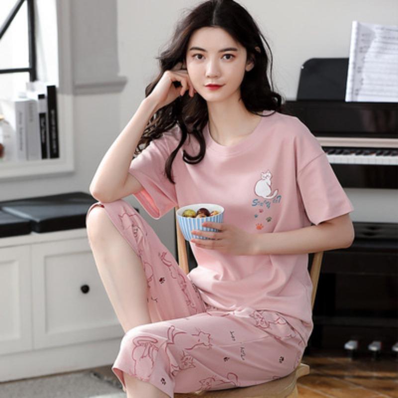 Übergröße Pyjama Damen Sommer Kurzarm Cropped Pants Home Service Zweiteiliger Anzug