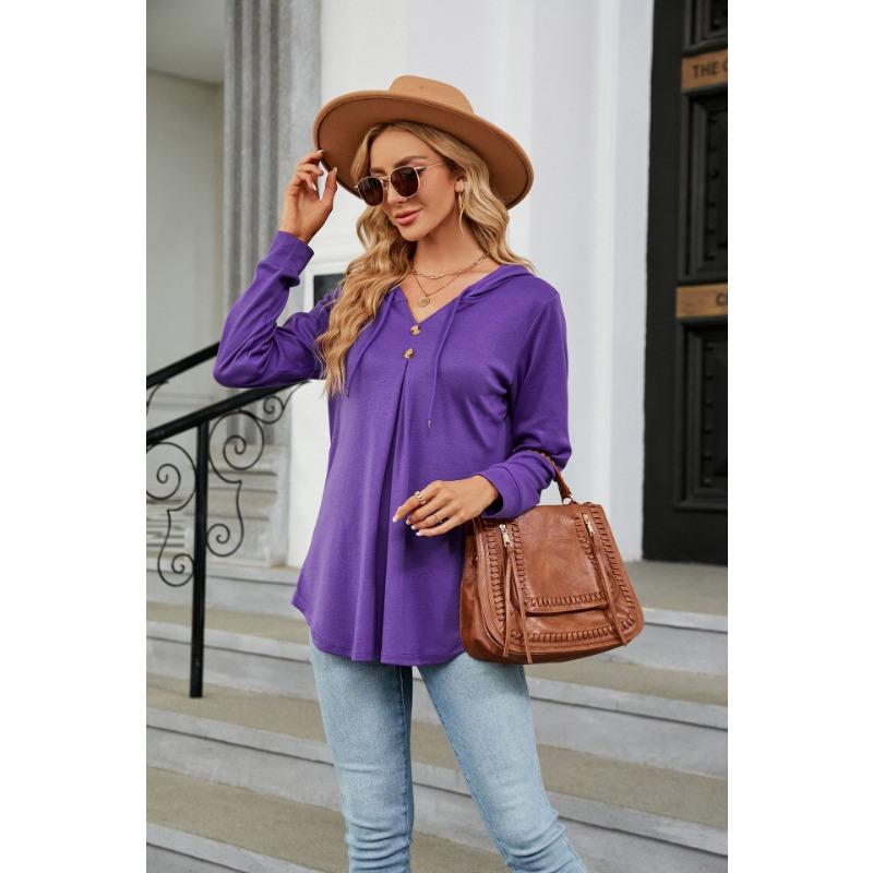 Frühling und Herbst Damen Bluse Einfarbig V-Ausschnitt Knopf Kapuze Lose Langarm Sweatshirt