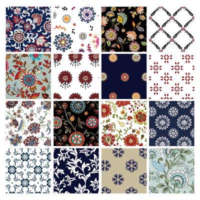 16 Pc Fat Quarter Bundle-  Suzani Floral Prints  Print 18"x 22"  DIY Patchwork-  100   Cotton  Pre-Cut Quilting Fabric Blue-White &