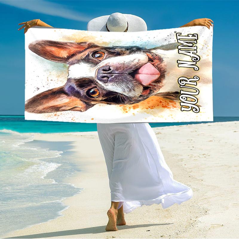 1PC Custom Name Pet Portrait Beach Towel Highly Absorbent And Sand-Resistant Towel for Swimming, Pool, Yoga, And Travel Lightweight