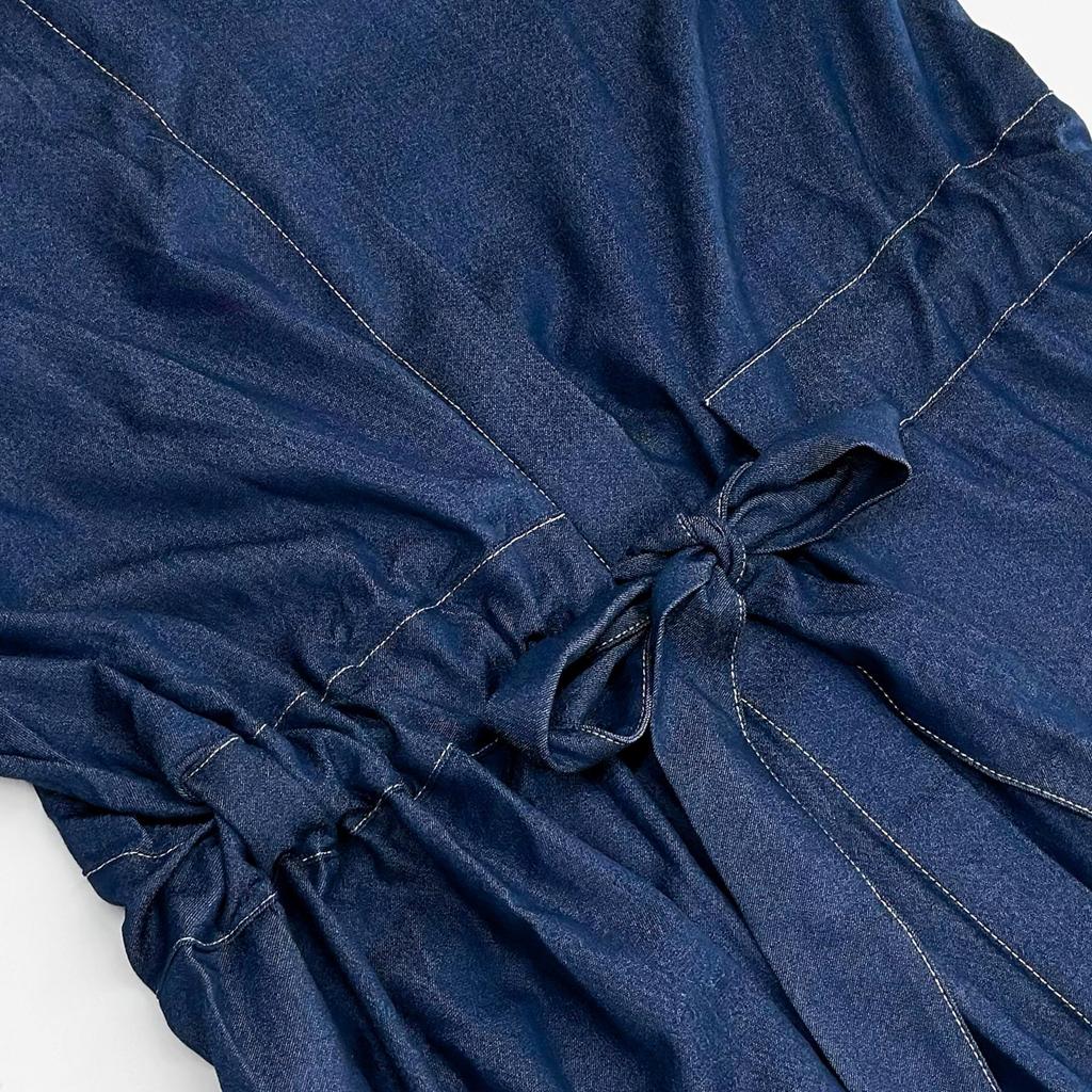 Seven-Sleeve Stretch Denim Maxi Dress with Stand-Up Collar and Hidden Buttons - Autumn 2025 Women's Wear