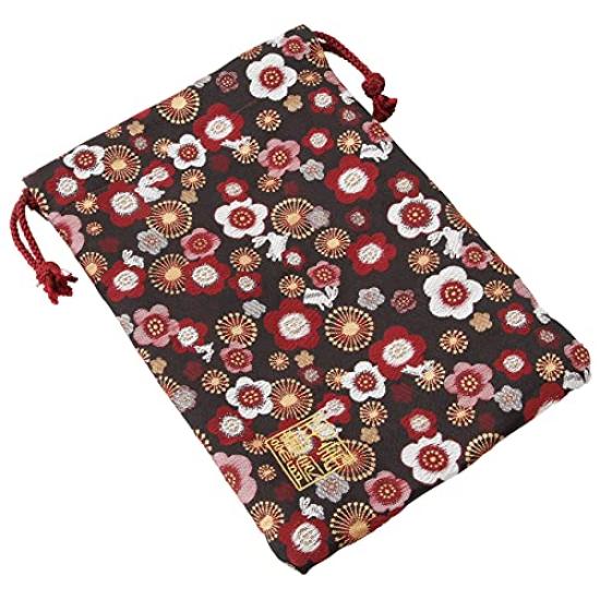 Senshishuin Nishijin Brocade Drawstring Bag Black Plum and Small Rabbit Medium Size (Lined) - Design,