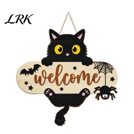 2D Flat Wood Sign Halloween Hanging Door Sign, Cute Cat Wooden Front Pet Name Tag Hanger with Hemp Rope for Porch Wall Indoor Home Decor