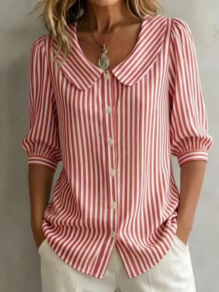 Women Casual Loose Striped Five Quarter Sleeve Commute Shirt