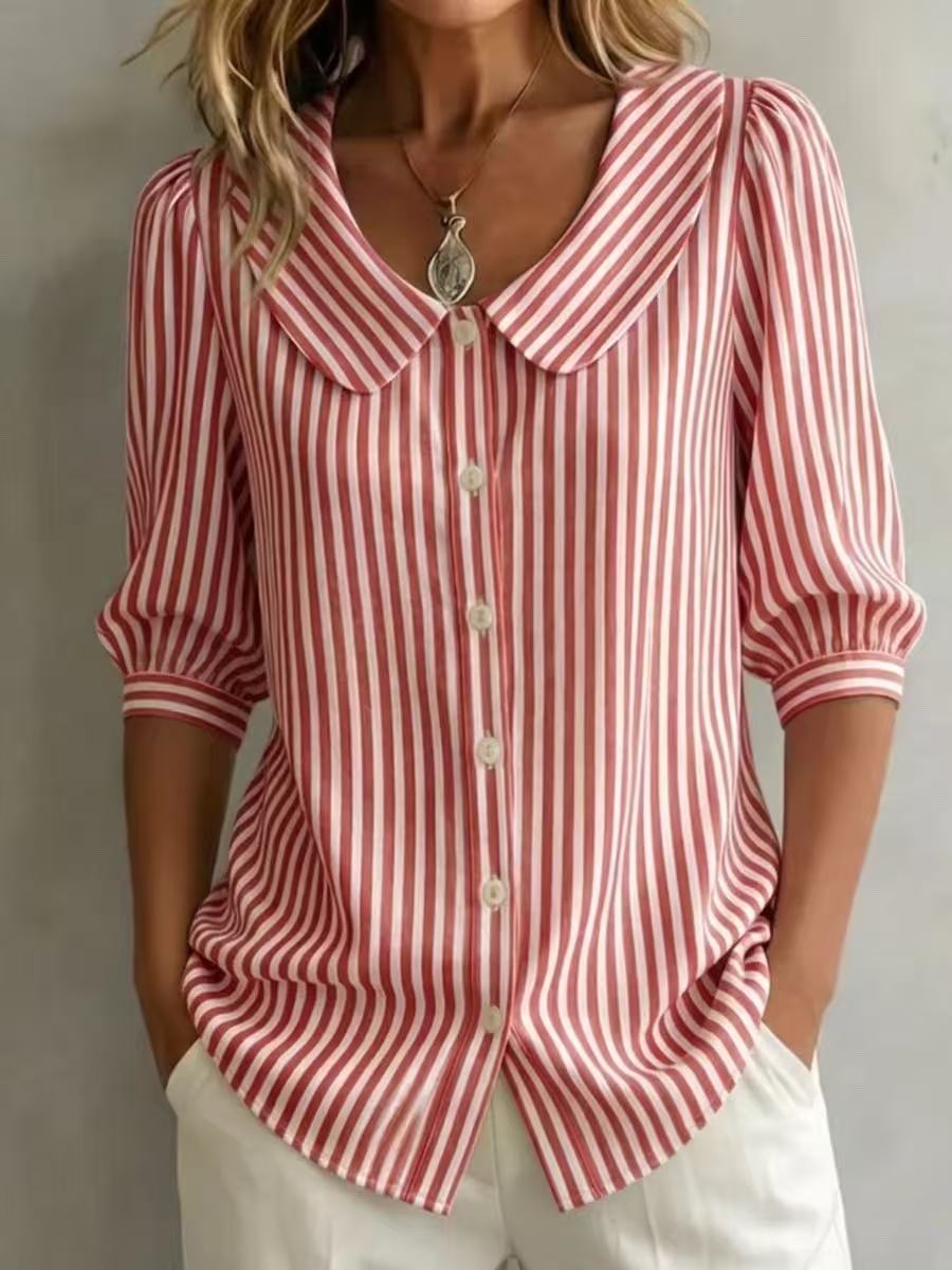 Women Casual Loose Striped Five Quarter Sleeve Commute Shirt S