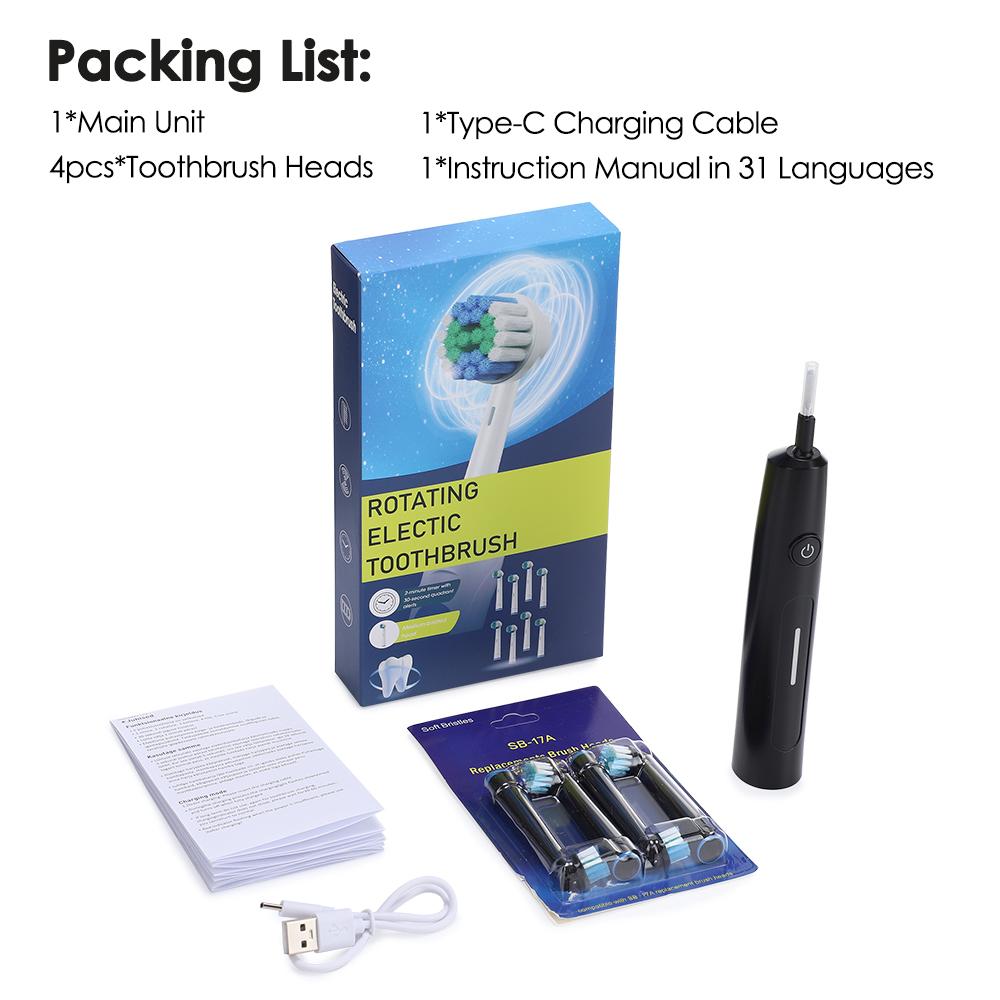 Rotating Electric Toothbrush with 4 Brush Heads with 5 Cleaning Modes Clean Teeth Battery Powered Rechargeable Toothbrush
