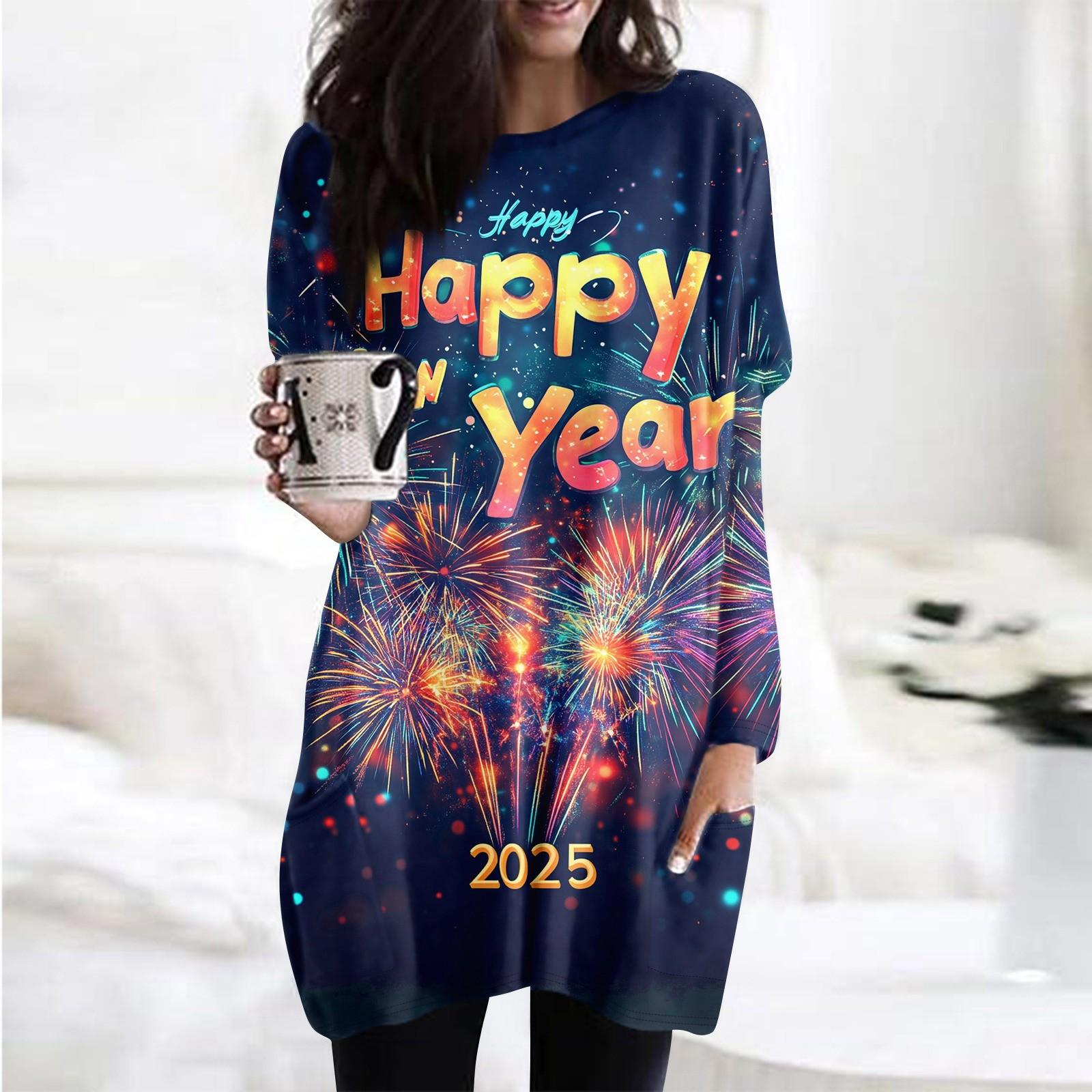 

Womens Printing O-Neck Sweatshirt Long Sleeve Printed Shirt Dress Oversized Loose Fit Pullover Tops With Pockets M