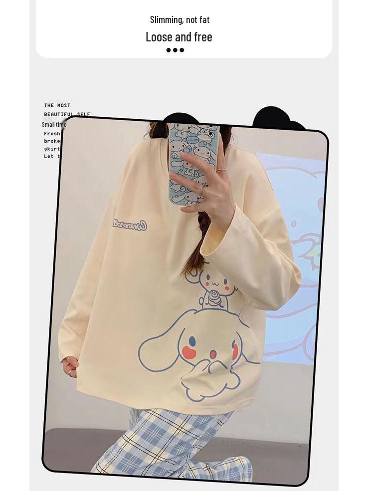 Women's Plus Size Cartoon Pajama Set: Long-Sleeve Spring/Fall Home Wear, Loose Fit, Suitable for Outdoors