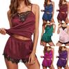 Women 2-Piece Pajamas Lace Sleeveless Flower Embroidery Spaghetti Strap Top Elastic High Waist Shorts Sleepwear