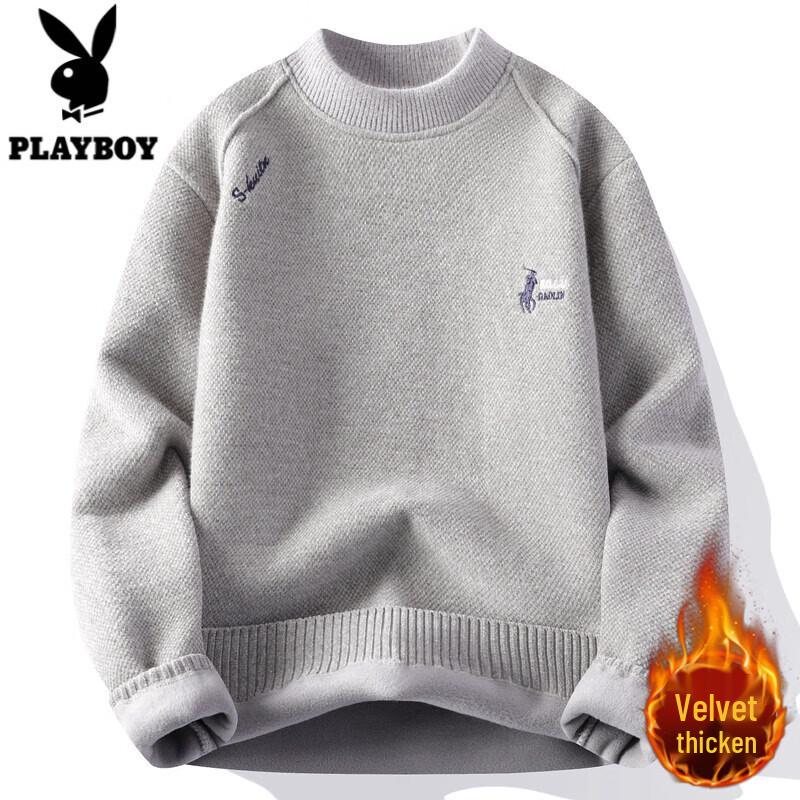 PLAYBOY Men s Warm Integrated Fleece Round Neck Embroidered Sweater M