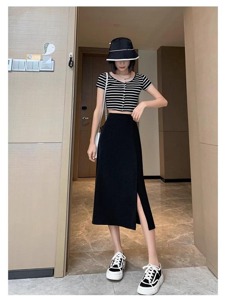 2024 Black A-Line Midi Skirt: High Waist, Slimming, Petite, Versatile for Women - Perfect for Spring/Summer