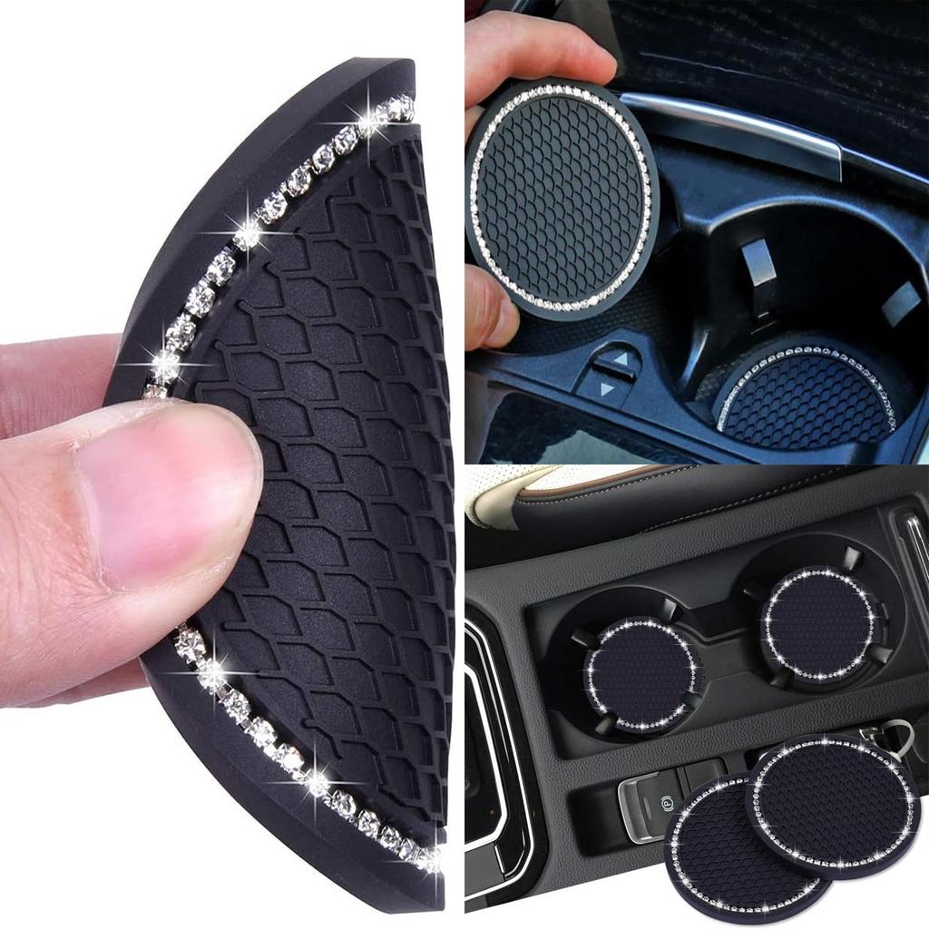 HUIKKJP Car Glitter Cup Holder 70mm 2 Pieces Non-Slip Mat, Vinyl, Anti-Slip, Vibration-Dampening, Round, Diameter, Black,