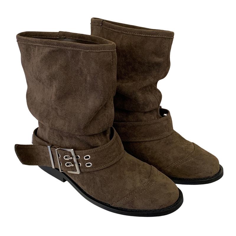 Western Cowboy Boots Women's New Summer Boots Vintage Maillard Belt Buckle Thick Heel Pleated Pile Short Boots