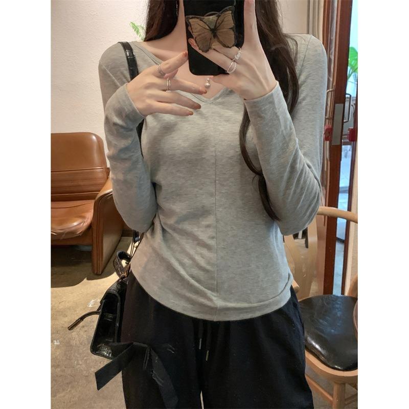 

Real shot pure cotton (cotton/elastane) solid color autumn long-sleeved collar T-shirt women L сірий колір