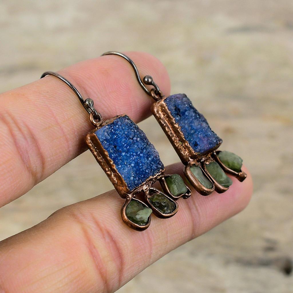 Blue Druzy Gemstone Earring Electroformed Copper Earrings Green Tourmaline Rough Earring Electroformed Jewelry Gift For Her Handmade Earring