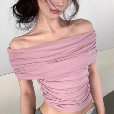 French Off Shoulder Short Sleeved T-shirt Female Summer New Pure Style Slim Elastic Short Blouse Korean Fashion Casual Tops Ins