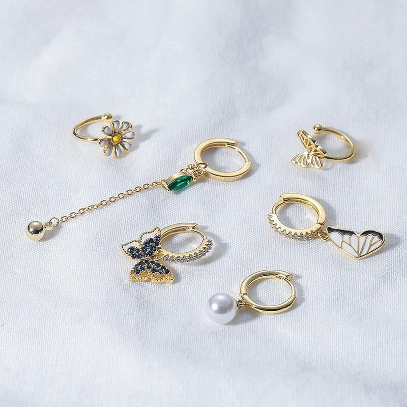 ANENJERY 6 pieces/set Zircon Butterfly Flower Hoop Earrings Set Shiny Light Luxury Sweet Jewelry