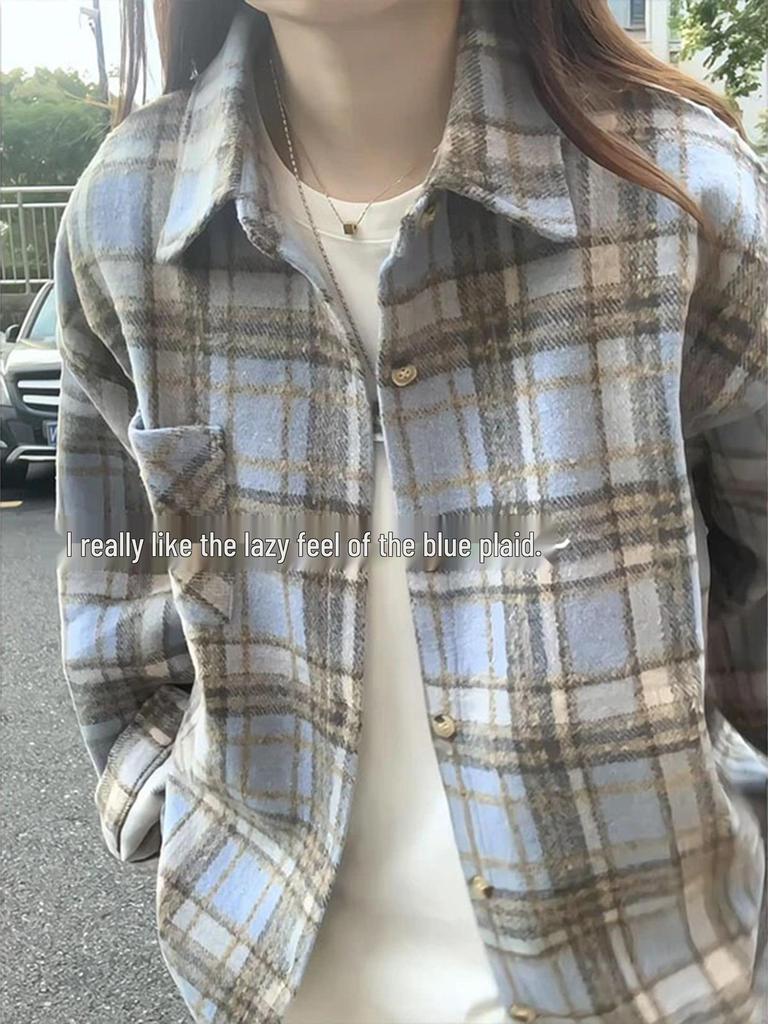 Women's Retro Red Plaid Brushed Shirt Jacket - Long Sleeve Casual Top for Autumn/Winter