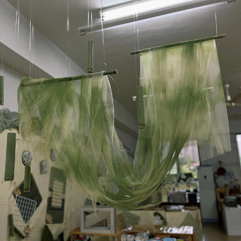 Green Chinese Gauze Cloth Background Decoration Gradient Texture Ink Ancient Style Pavilion Gauze Curtain Mesh Fabric Veil