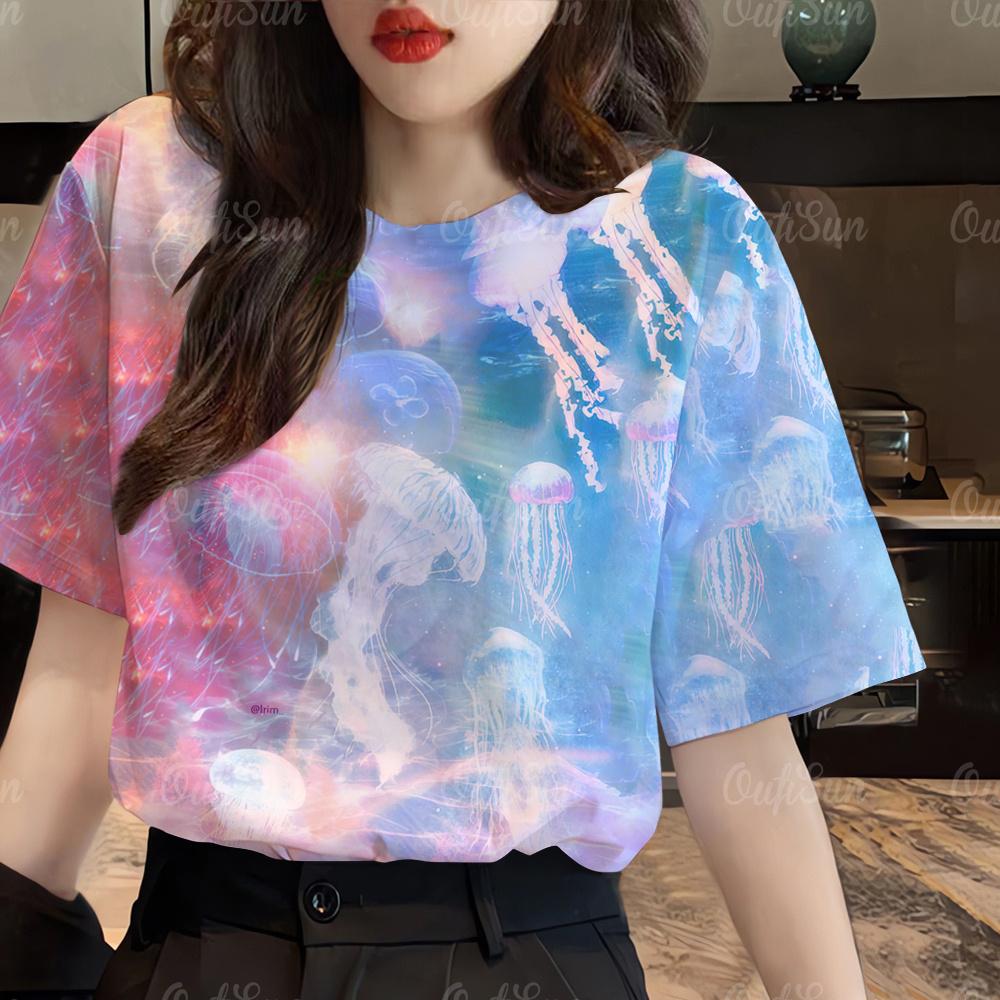 Modny T-shirt damski z krótkim rękawem z okrągłym dekoltem na co dzień 2024 z nadrukiem zwierząt morskich, koszulka plus size, damski letni luźny T-shirt