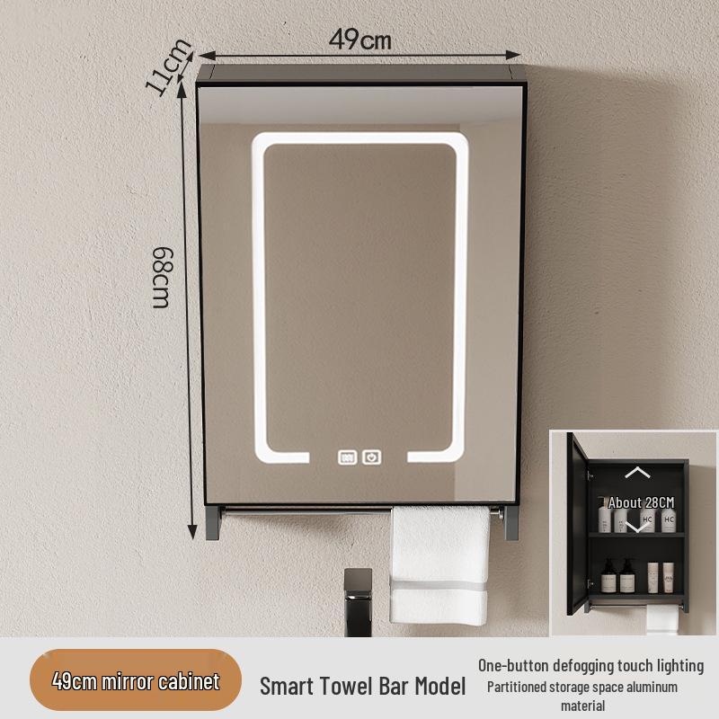 40cm x 50cm Space Aluminum Smart Mirror Cabinet with Lights & Defogging, Punch-Free Wall-Mounted for Small Bathrooms