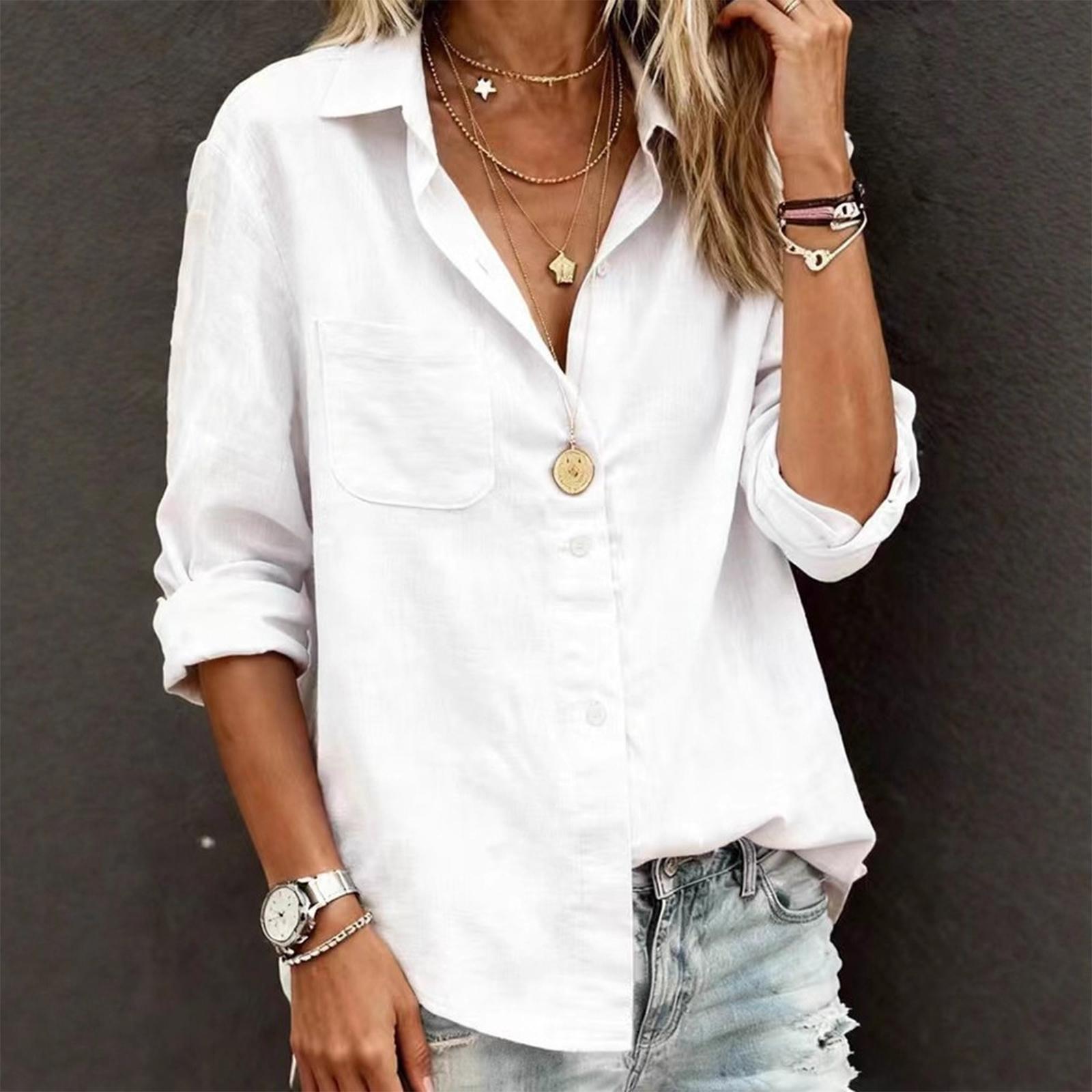 Women s Fashion Casual Long Sleeve Linen Loose Casual Shirt XL белый