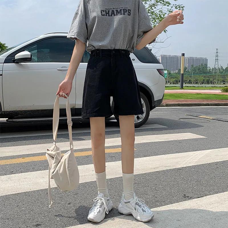 Damen Sommer Jeansshorts Übergröße Designgefühl Hohe Taille Gerade Hose Locker Weitbein Fünf-Punkt-Hose